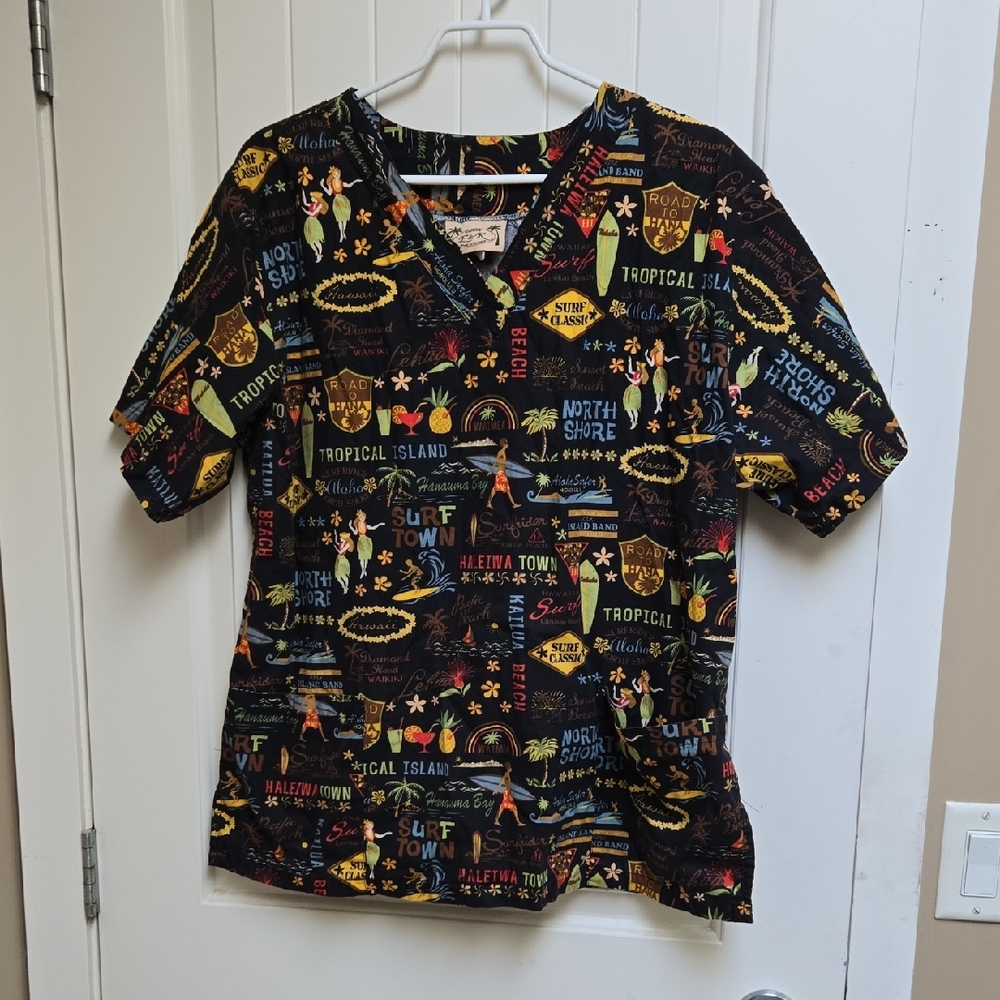 Hawaii Fashion F& K Tropical Print Nurse Medical Cotton XL Scrub top